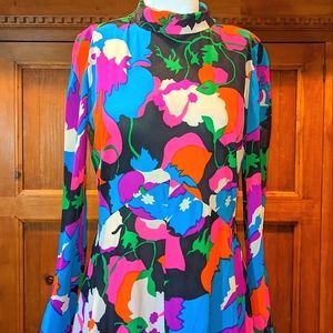 VTG 70's Psychedelic Dress Floor-length Long Sleeved Bright Florals Pucci Style